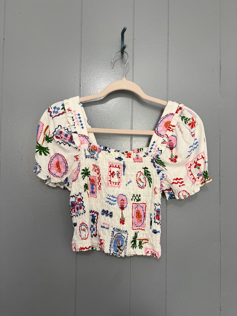 NEW Monteau White Postcard Print Linen Blend Puff Sleeve Smocked Crop Top S